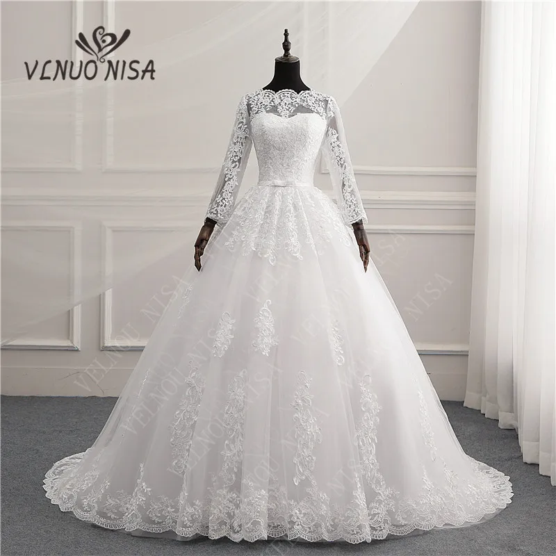 High Quality Full Sleeve Pure White Ivory Appliqued Lace Tulle Girl Princess Train Wedding Dresses Vestidos De Novia Big Gown