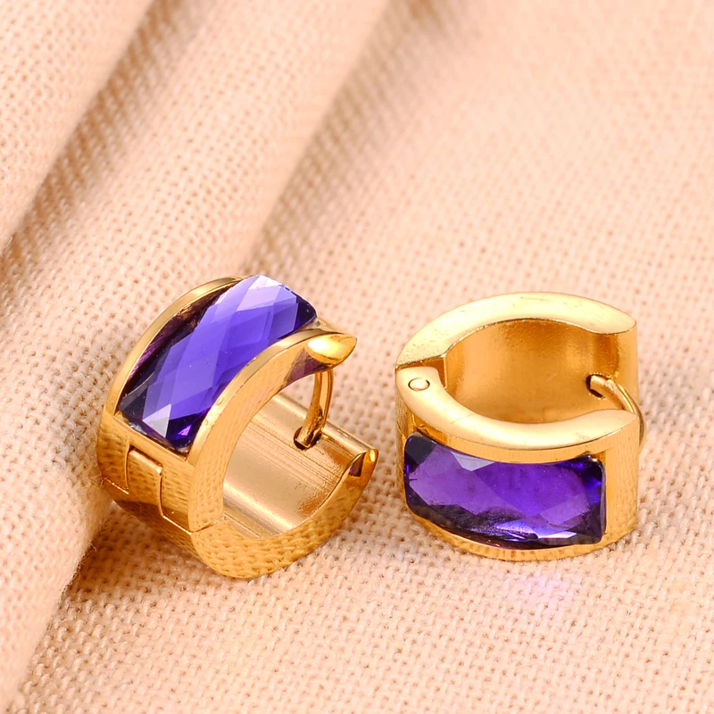 QianBei Fashion Purple Crystal Rhinestone Stainless Steel Studs Hoop Mens womens Enagagement Wedding Earrings NEW