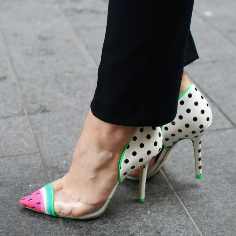 

Summer Sexy Watermalon toe PVC Pumps Polka Dot Side Cut Patchwork High Heel Pointed toe Woman Street Stiletto Single Shoes