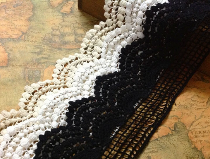 

5 yard/lot width 2.56" 6.5cm white/beige/black scallops cotton water soluble lace trim ribbon 25644L4K143