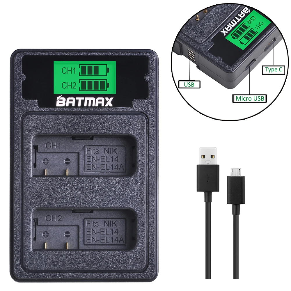 2Pcs EN-EL14 En EL14 En EL14A Batterij + Lcd Dual Uusb Lader Voor Nikon D5200 D3100 D3200 D5100 P7000 p7100 Camera MH-24