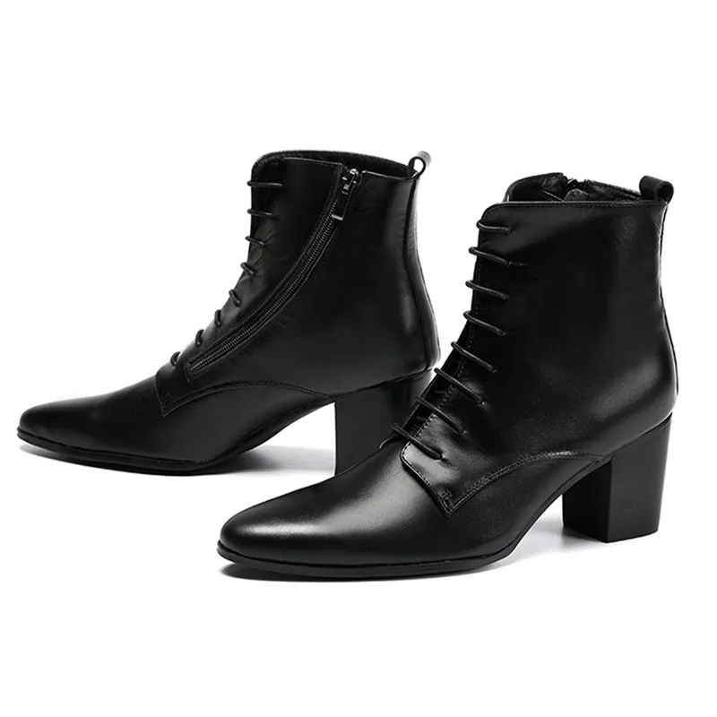 Batzuzhi Cowboy Boots Men High Heels 6.8cm Black Soft Leather Ankle Boots Thick Heels Men Shoes Zapatos Hombre Lace Up Man Boots