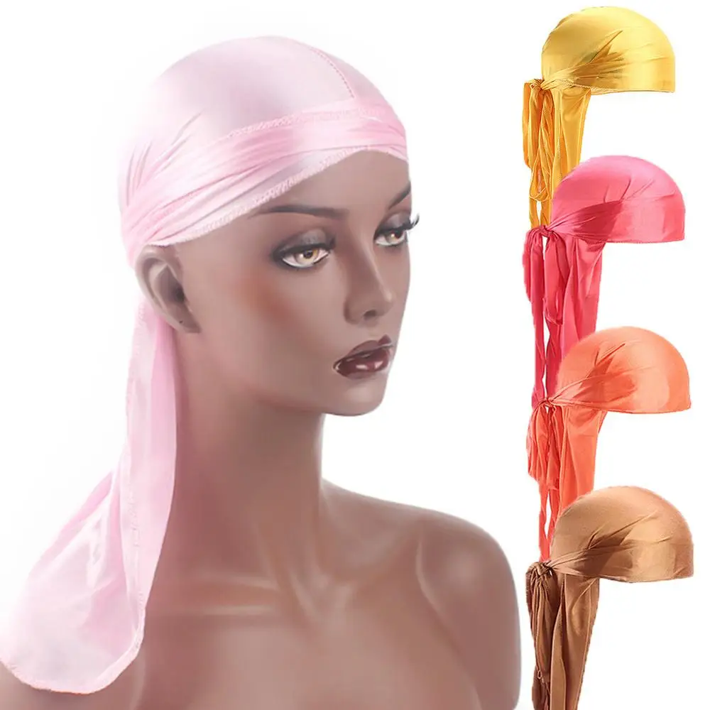 2020 Nieuwe Unisex Lange Zijde Satijn Durags Tulband Hoed Pruiken Doo Durag Biker Headwrap Chemo Cap Piraat Hoed Vrouwen Mannen haar Accessoires