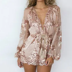 Fashion Elegant Women Jumpsuit Sexy Bodysuit Sequin Rompers Ladys Jumpsuit Playsuit Long Sleeve Overalls Vestidos