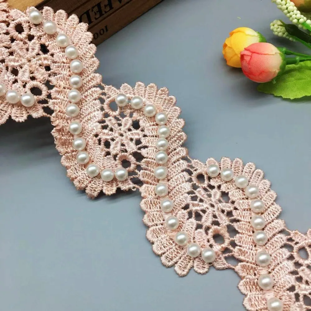 10Pcs Pink Centipede Flower Pearl Embroidered Lace Trim Ribbon Floral Applique Fabric Handmade DIY Wedding Dress Sewing Crafts