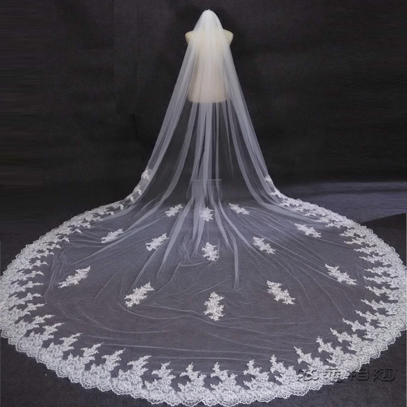 2016 new hot Lace Long Wedding Bridal Veil Cathedral 3m Metro Accessories White Ivory Mantilla Veil Muslim Voile Mariage Velos