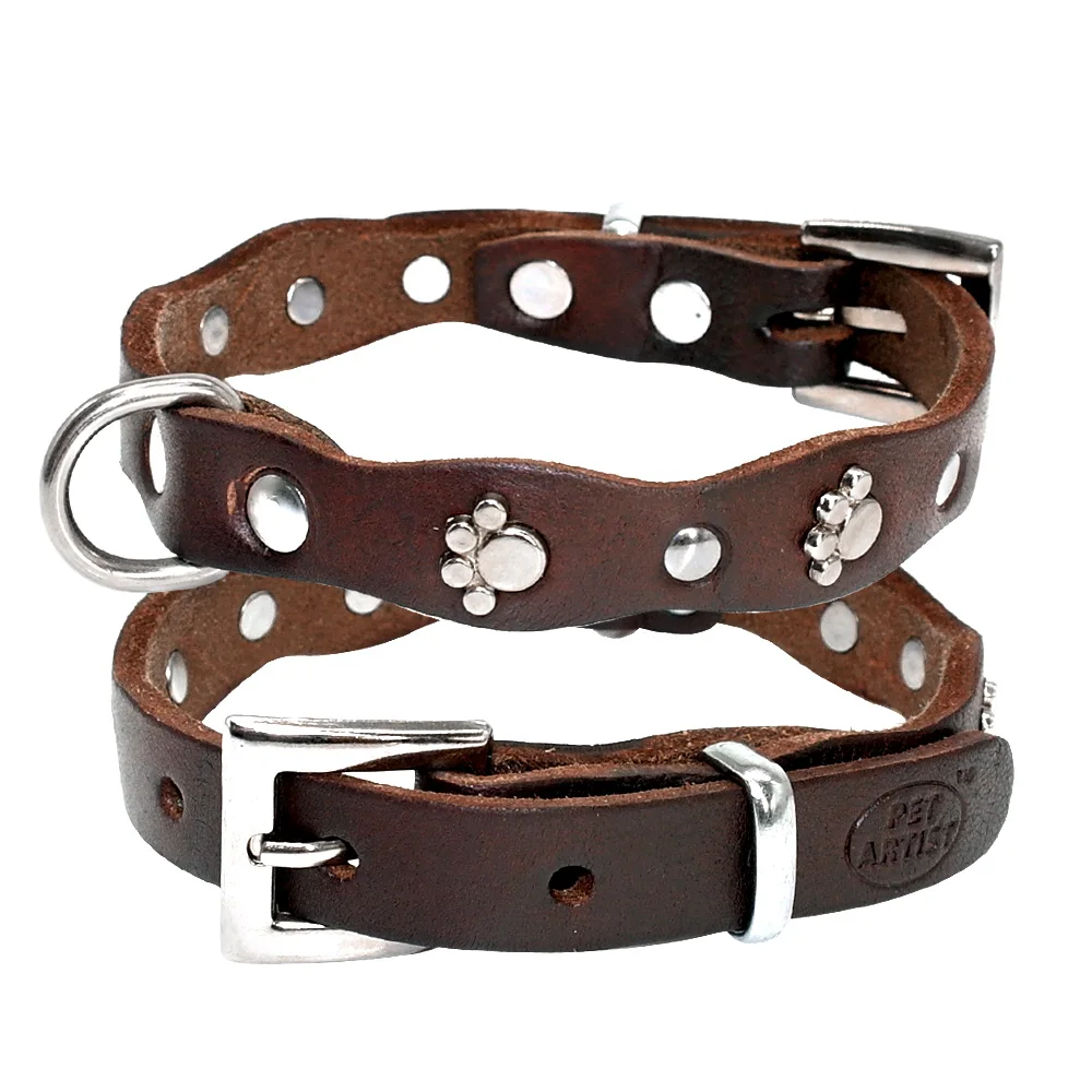 Genuine Leather Dog Collar Soft Adjustable Studded Pet Collars For Small Medium Dogs Cats Pitbull Brown Color XXS XS S M