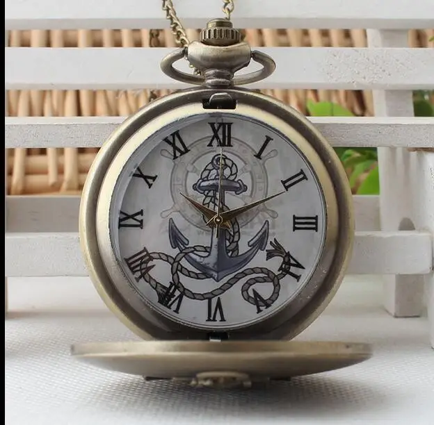 Vintage Bronze Rudder Anchors Roman Numeral Dial Quartz Pocket Watch Analog Pendant Necklace Mens Womens Watches Chain Gift