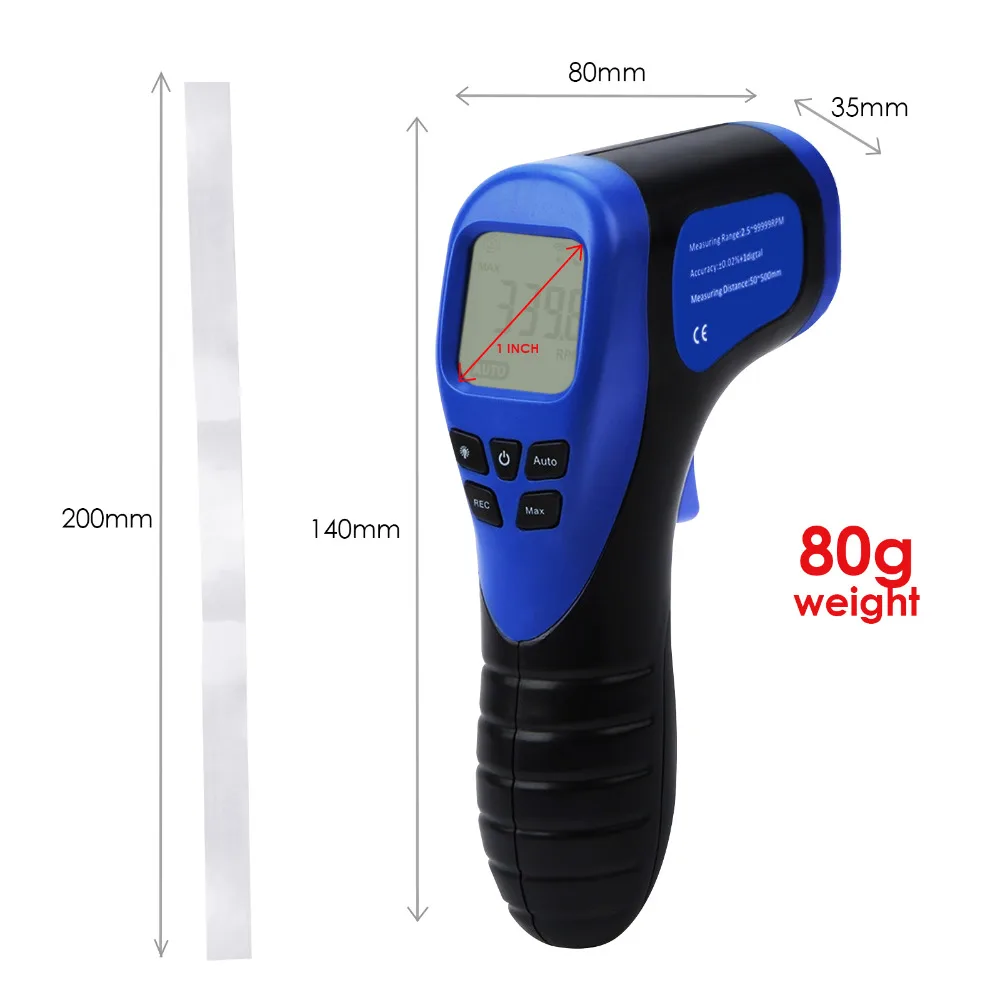 Handheld Digital Laser Non-Contact Tachometer  Rotational Speed Measuring Gun 2.5-99999 RPM, Record (60 Data) Speedometer