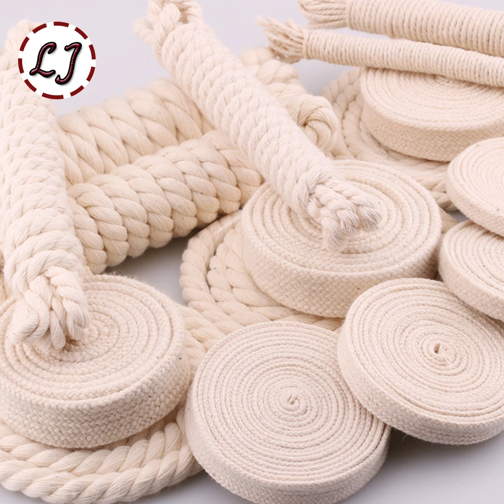 5yd/lot high strength natural color 3ply round flat Rope 100% cotton Cords for home handmade garment accessories Craft Projects