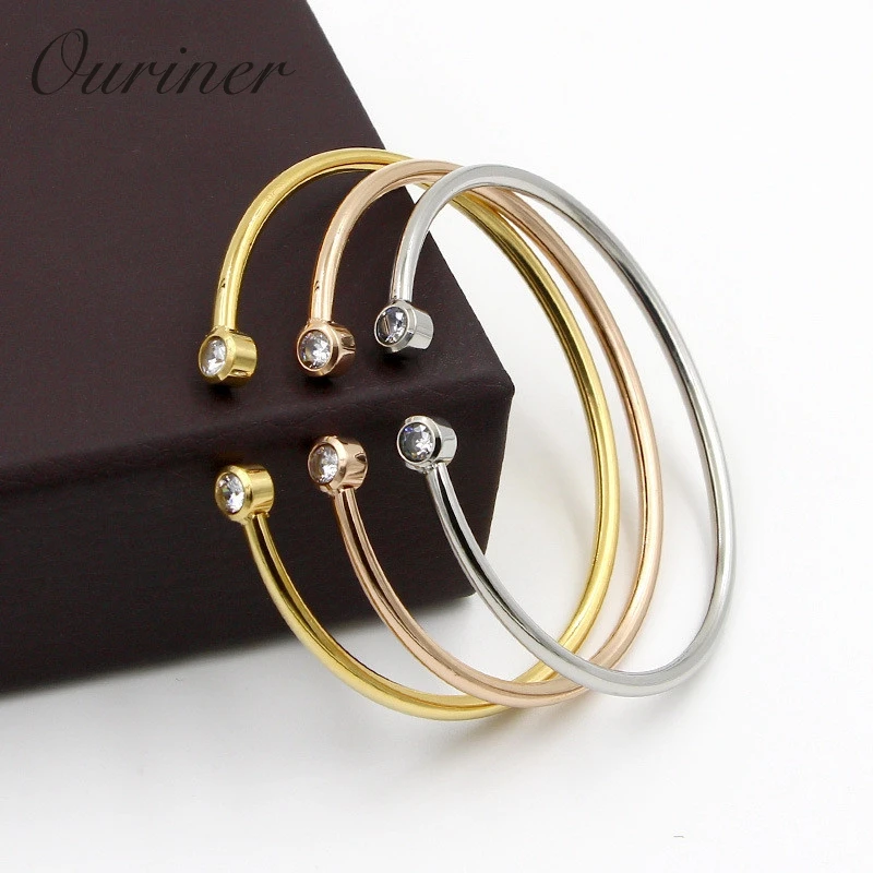 New Brand Bangle Top Quality Color Gold Stainless Steel Jewelry Inlay CZ Crystal Letter Noble Women Cuff Bangles Bracelets 101-1