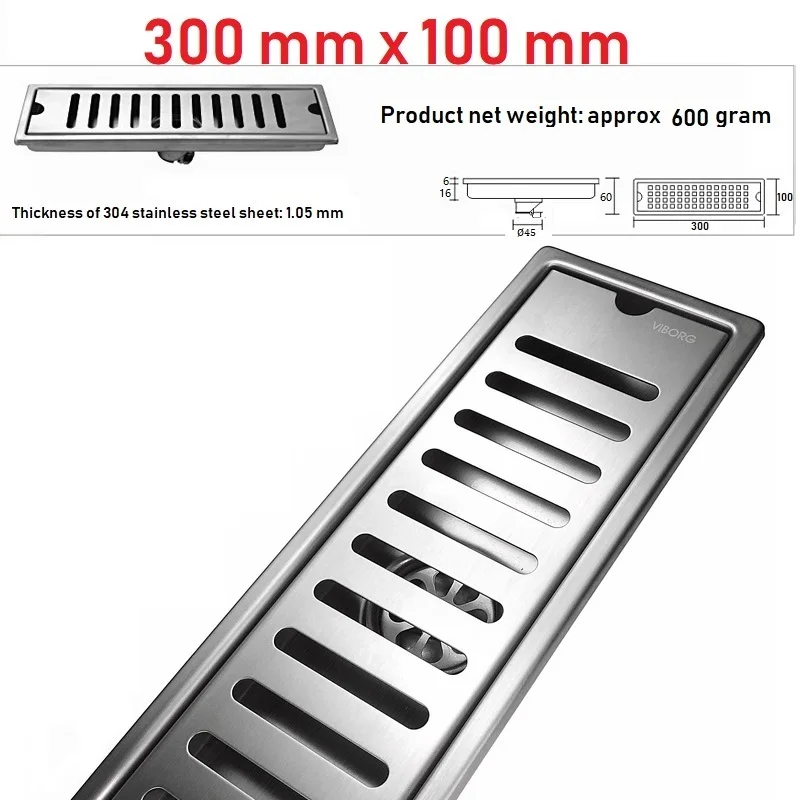 VIBORG 300mm x 100mm Deluxe 304 Stainless Steel Extra-thick Rectangular Bathroom Shower Linear Floor Drain Drainage Stainer