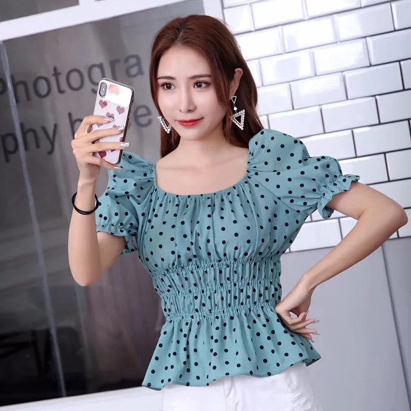 2019 New Summer Autumn Women Dot Chiffon Shirt Sweet Short Sleeve Blouse Female Vintage Ruffles Blouses Short Blusas Tops AB1464