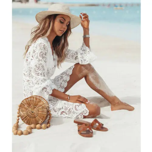 Summer Women White Mini Dresses 2019 New Women Summer White Sheer Lace Cover Up Long Sleeve Short Dress