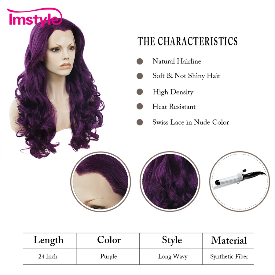 Imstyle Purple Wig Long Wavy Synthetic Lace Front Wigs 24 inches Lace Front Cosplay Wigs For Women Heat Resistant Fiber