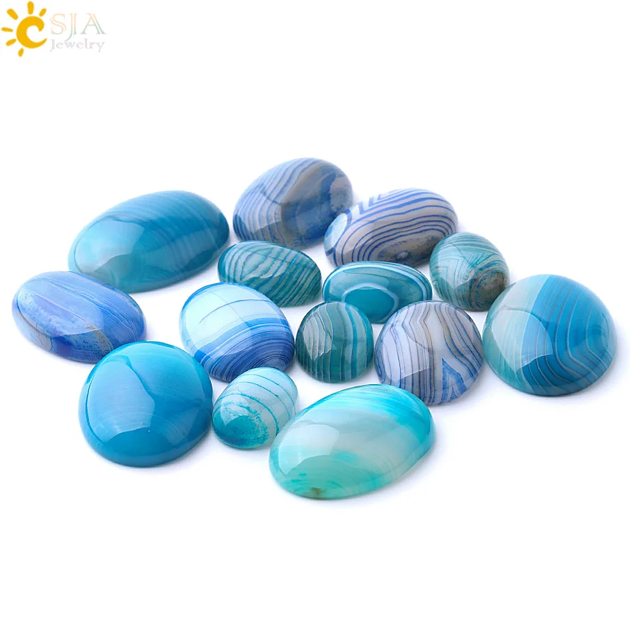 CSJA Oval Natural Stones Cabochon Base for Jewelry Making Blue Striped Agates Accessories DIY Women Rings Earrings 30X40 F809