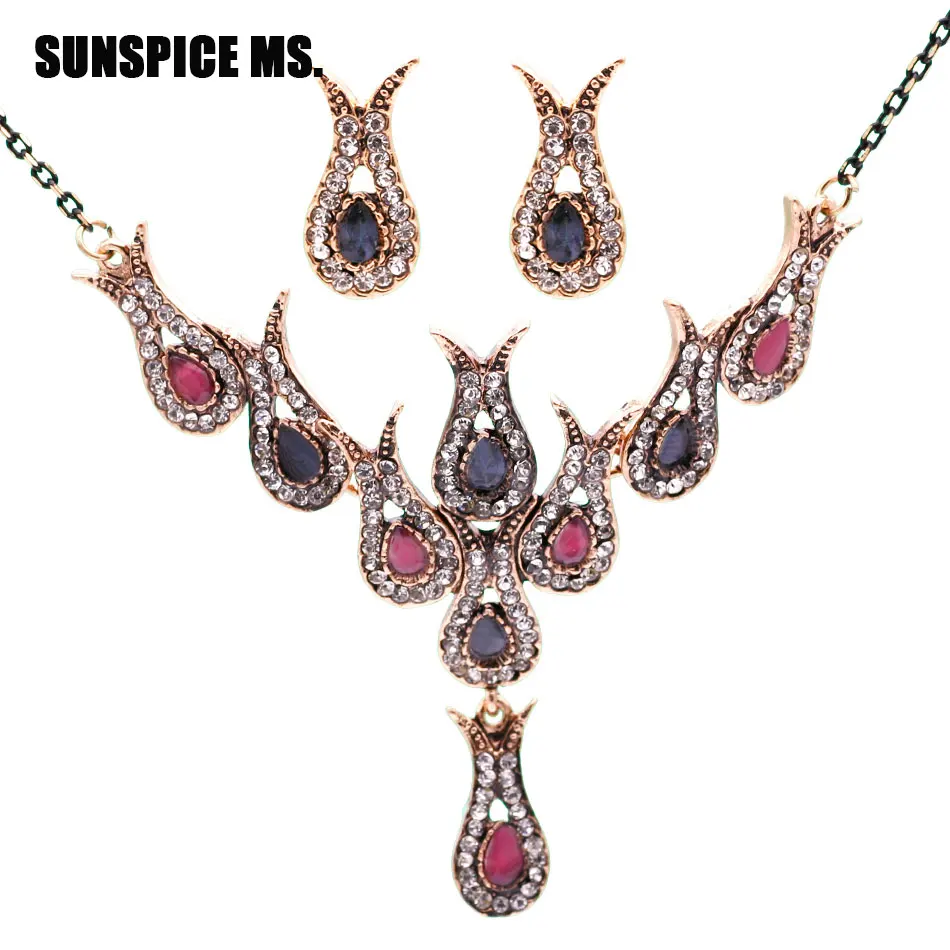 Sunspicems Vintage Turkey Bridal Flower Jewelry Sets Resin Earrings Tulips Flower Necklace Rhinestone Women Wedding Jewelry Sets