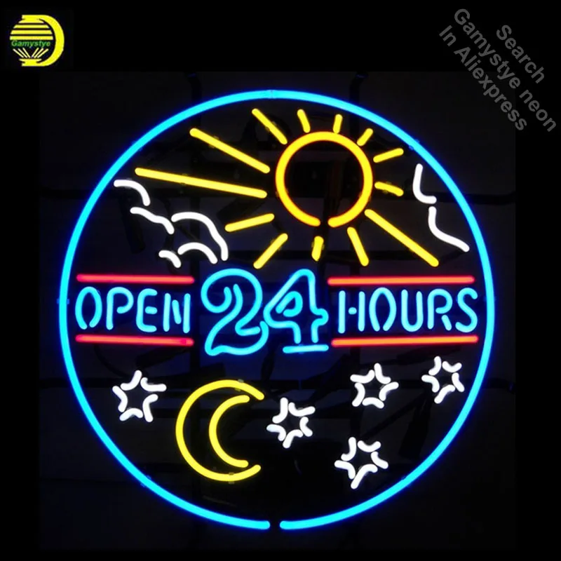 

Neon Signs for OPEN 24 hours Neon Bulb sign Sun and Moon Stars Glass Tube Decorate Wall neon light maker Signboard dropshipping