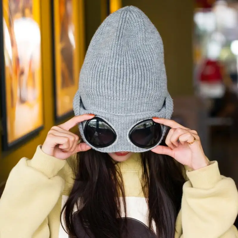 New Novelty Dual Use Hats Female Glasses Winter Beanie Women\'s Hat For Men Unisex Autumn Winter Knitted Beanies Bonnet Ski Cap