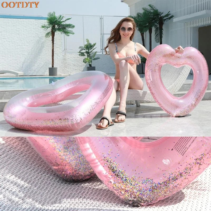 Love Heart-Anillo de natación inflable para piscina, accesorio de oro rosa con purpurina, herramienta de natación