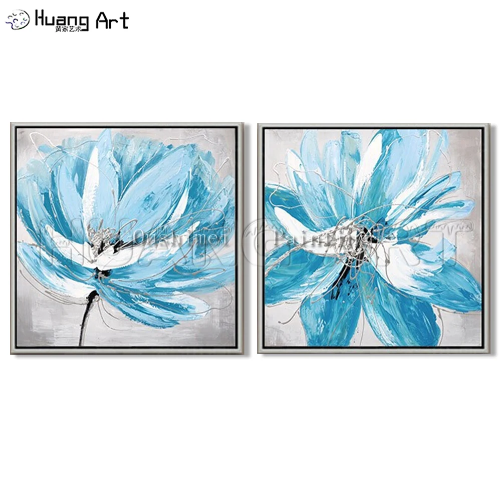 

Hand Painted Modern Blue Flower Picture on Canvas 2pcs Wall Art Painting for Home Decor Handmade Texture Oil Painting