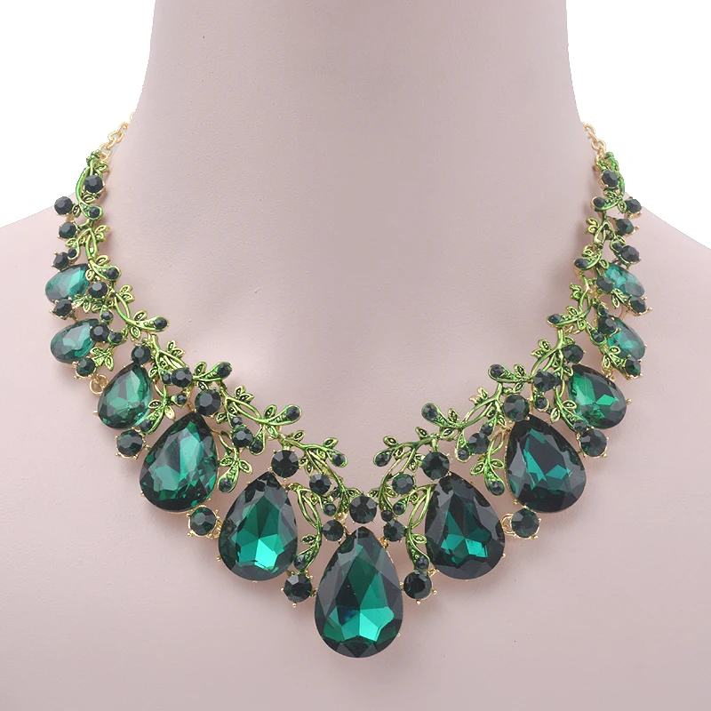 Women Party Crystal Jewelry Sets Statement Fashion Green Color Water Drop Style Bridal Wedding Necklace And Earrings Top Gift