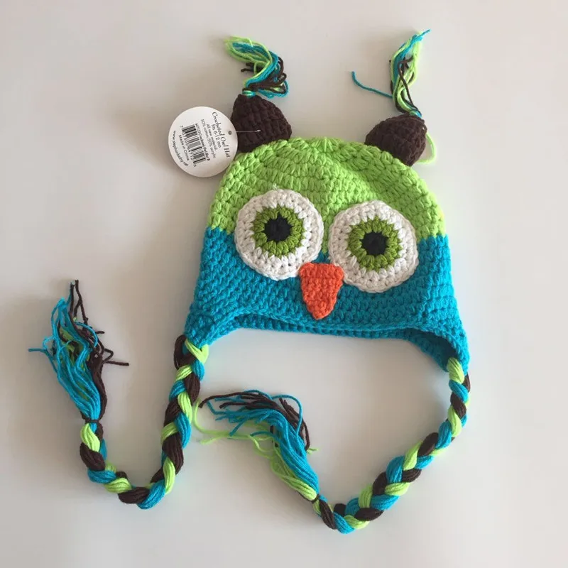 Hooyi Owl Baby Boys Crochet Caps Children Hat Embroidery Wool Green Blue Ear Protector Kid Beanies Cute Animal Hats Winter Scarf