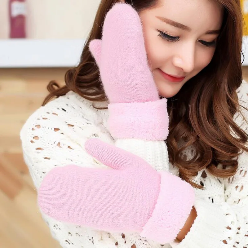 Winter fashion ladies double thick solid color cuffed mittens super thick rabbit wool warm gloves L83