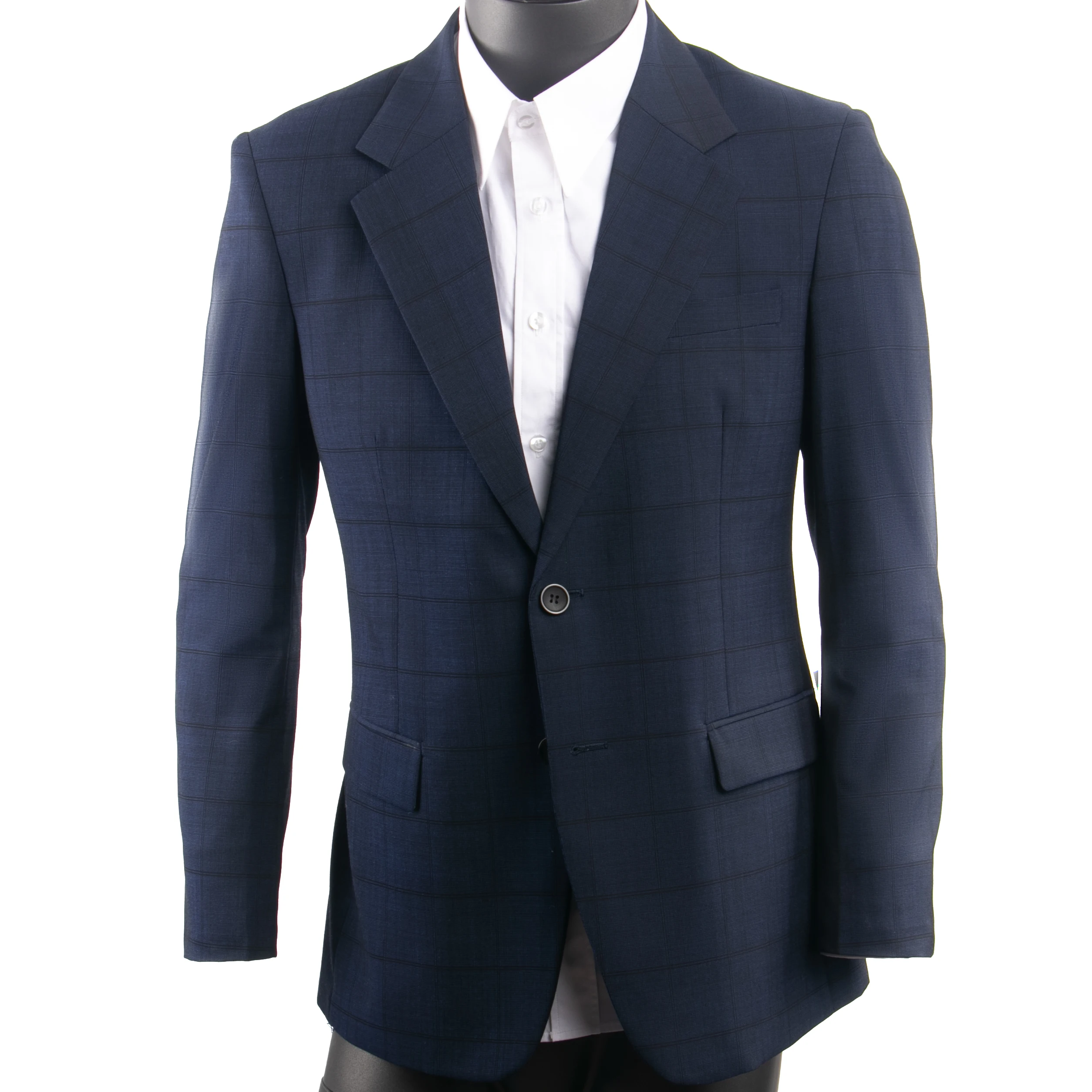 Smart Casual Navy Plaid Suit Custom Made Slim Fit Dark Blue Patterned Suits With Nailhead Pattern, Subtle Plaid Wool Blend Suit