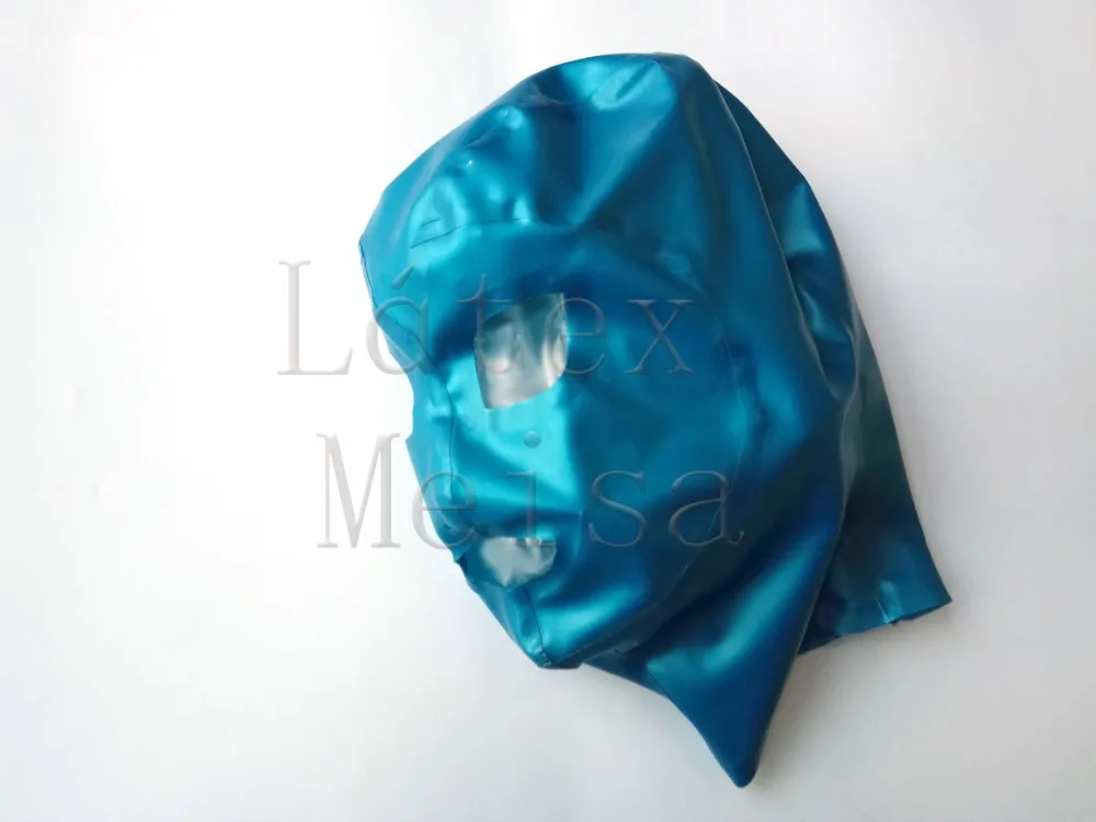 Adult's bling metallic blue latex catsuit hoods open eyes & nostrils & mouth