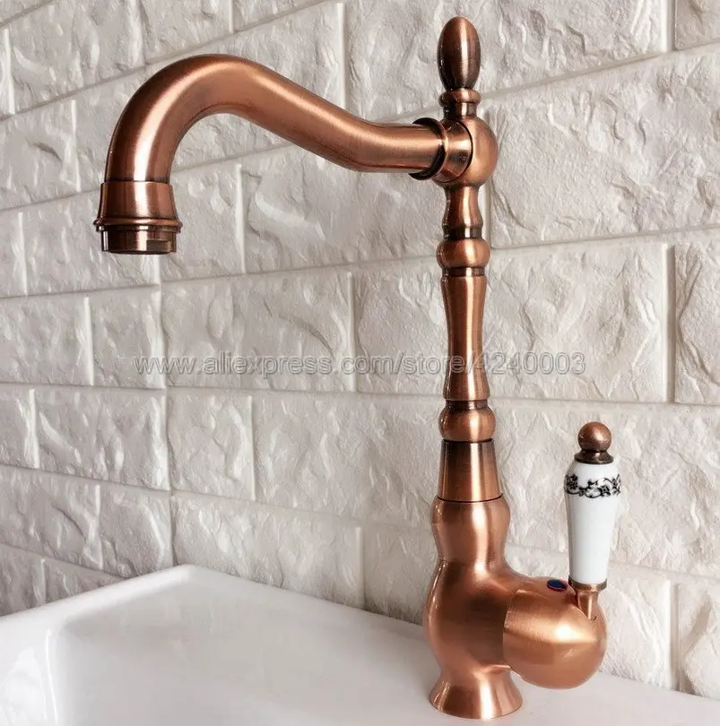 Antique Red Copper Kitchen Faucet Deck Mounted Swivel Spout Bathroom Kitchen Mixers with Hot and Cold Water Knf424