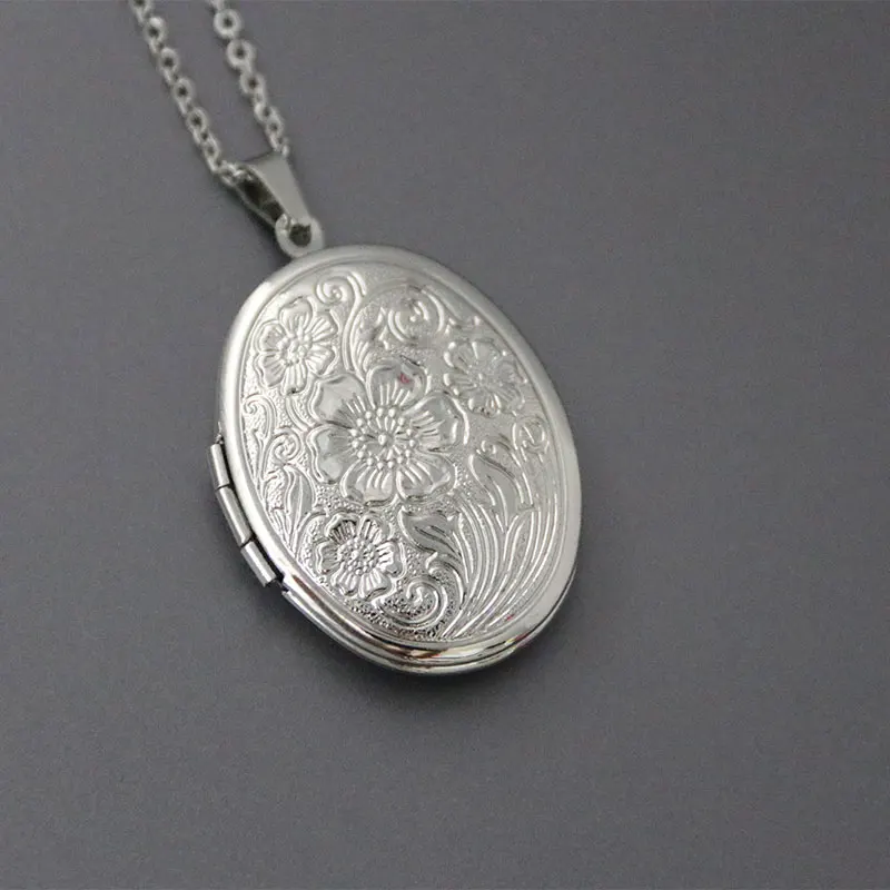 1pc Oval Lotus Photo Frame Stainless Steel Pendant Necklace Engraved Flower Charms Locket Necklaces Women Men Memorial Jewelry