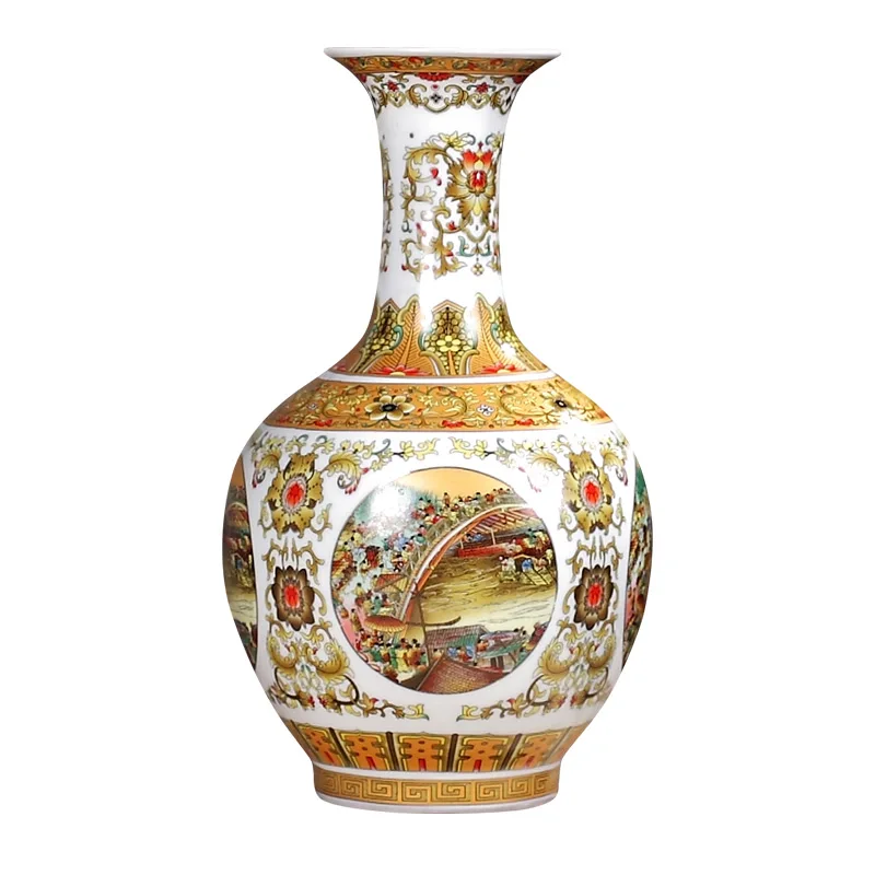 Jingdezhen Riverside Scene at Qingming Festival porcelain vase decorative ornaments hollowed out lucky handicrafts furnishings