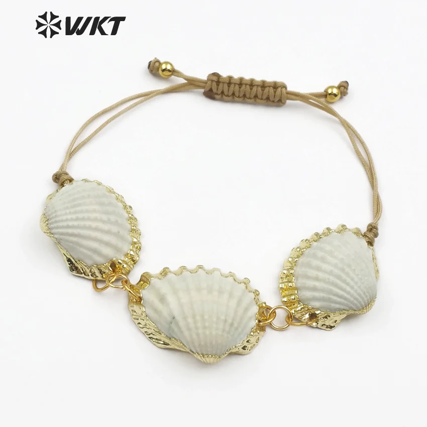 WT-B442 WKT Natural scallop shell bracelet handmade rope chain with 3 gold rimmed white shell for women making boho jewelry