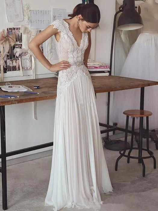 

Backless Vestido De Noiva Muslim Wedding Dresses A-line V-neck Chiffon Lace Beaded Beach Boho Wedding Gown Bridal Dress