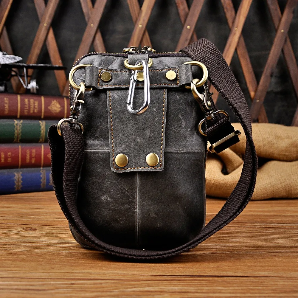 Genuine Leather Male Casual Design Grey Shoulder Messenger Crossbody bag Multifunction Fashion Travel Belt Waist bag Men 611-25g