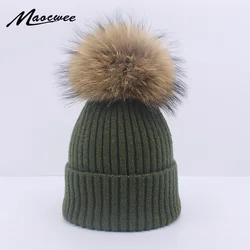 Chapeau d'Hiver en Vraie Fourrure de Raton Laveur pour Femme et Fille, Pom Poms Pall, Garde au Chaud, Bonnet en Laine, Optique, Skullies