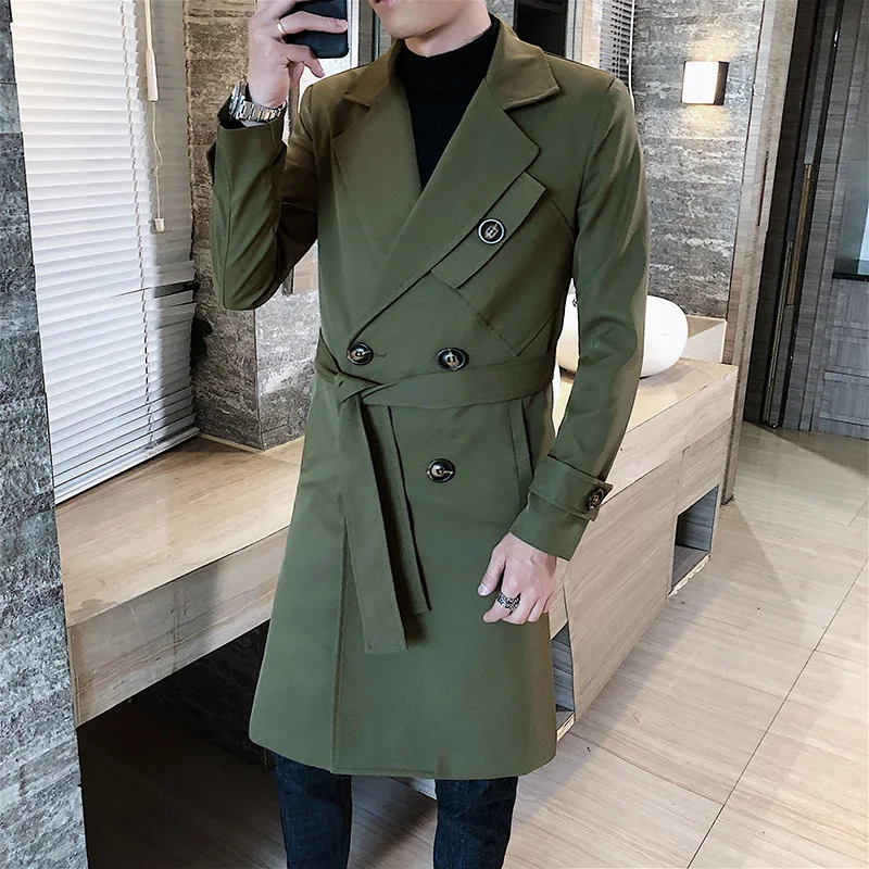 Double-breasted Long Coats Men British Style Long Man Trench Coats Army Green Windbreaker Slim Fit Red Abrigo Hombre Largo Khaki