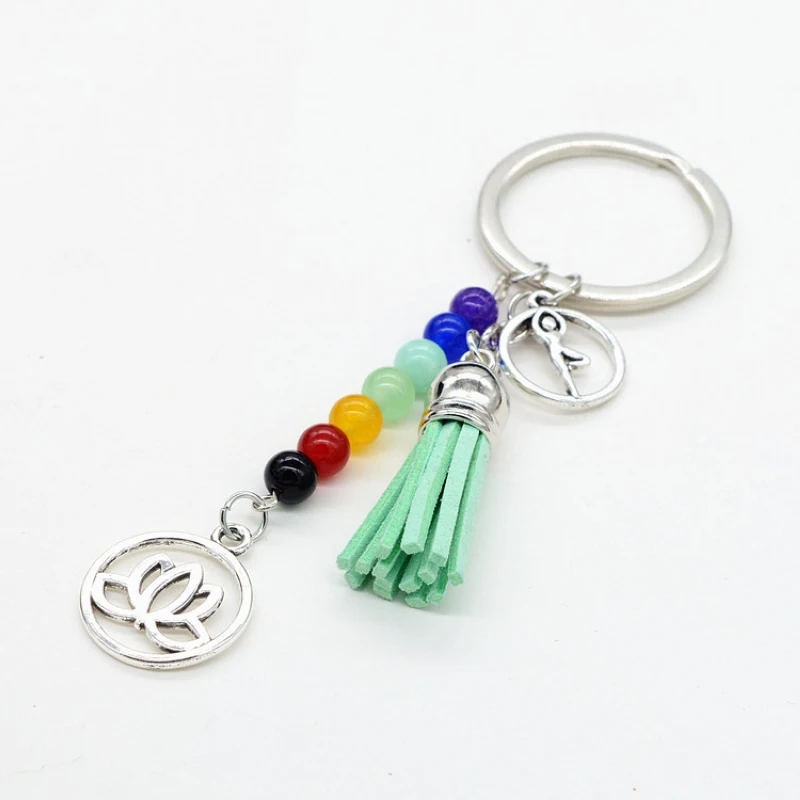 7 Chakras Natural Energy Stone Lotus Flower Yogi Keychain Women Yoga Fitness Aum Key Chain Tassel Trinket On Bags Jewelry Gift