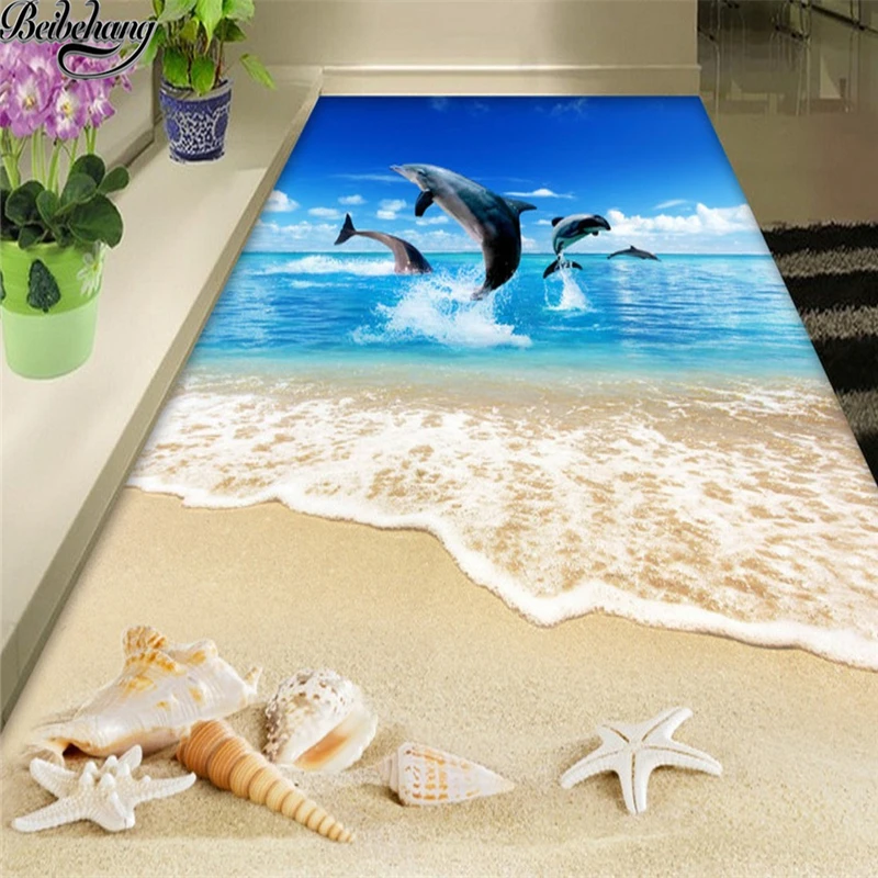 

beibehang Custom Floor Paintings 3D Surf Beach Shells Starfish Living Room Bathroom Floor Decorations Drawings 3d Flooring mural