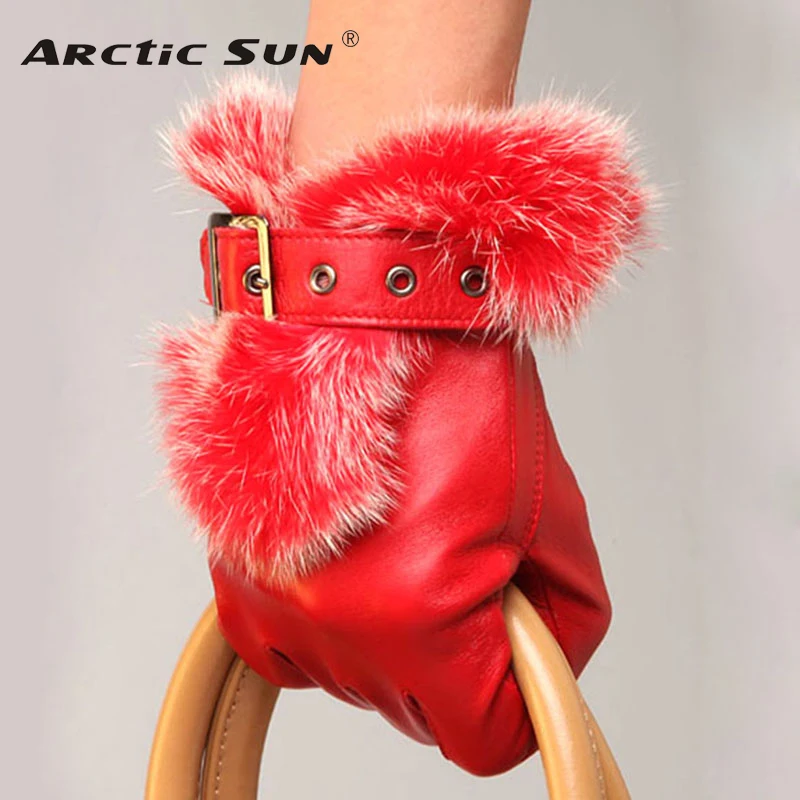 HOT Sale Fashion Women Sheepskin Gloves Wrist Rabbit Hair Genuine Leather Five Finger Elegant Lady Driving Glove L057PN