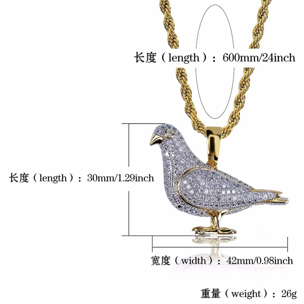 Bling Bling Golden Bird Dove Pigeon Pendants Necklaces for Men Micro Paved CZ Rhinestone Ice Out Hip Hop Rapper Jewelry