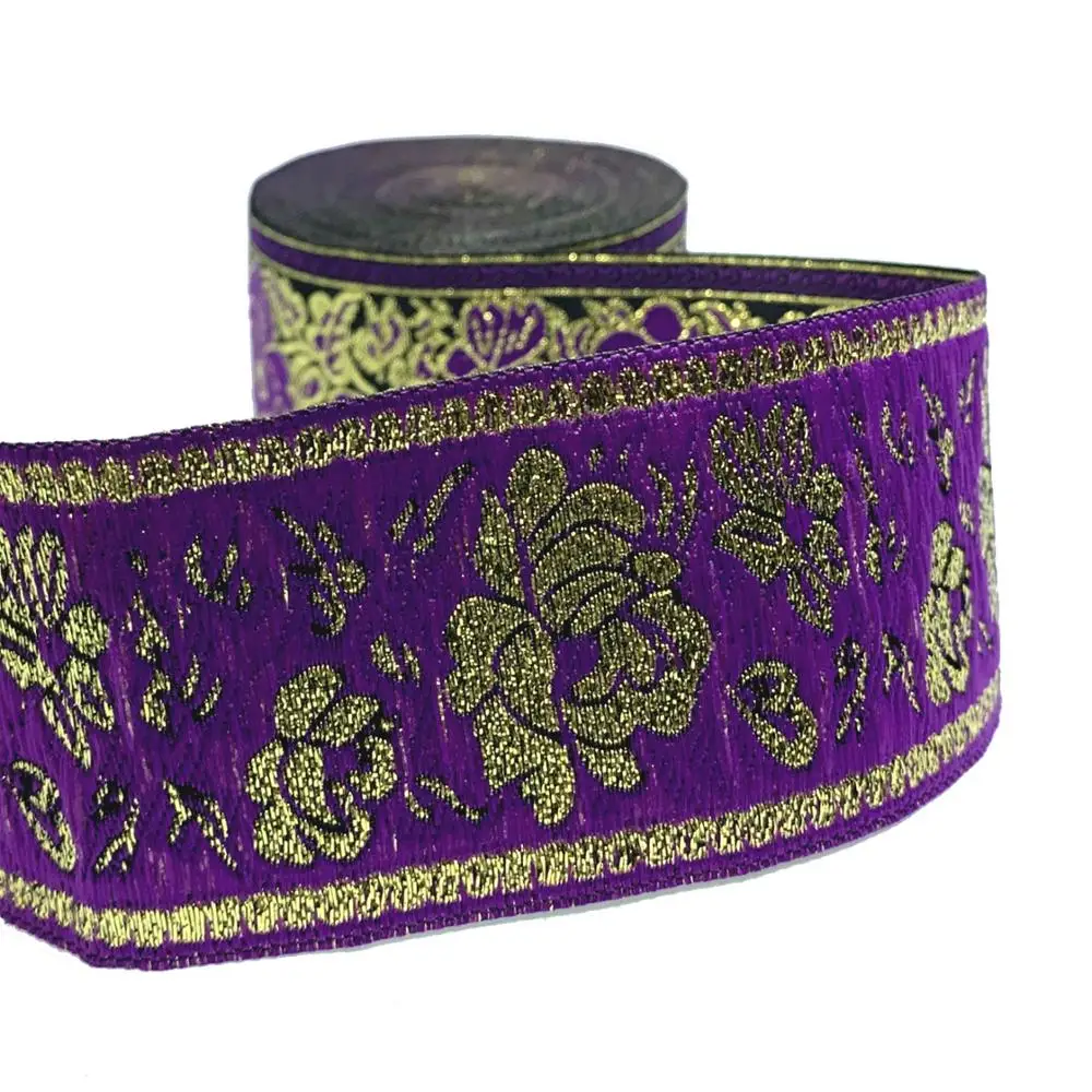 ZERZEEMOOY 2 inch 50MM 9YARD Woven Jacquard Ribbon Gold Wire And Purple Rose Handmade Accessories