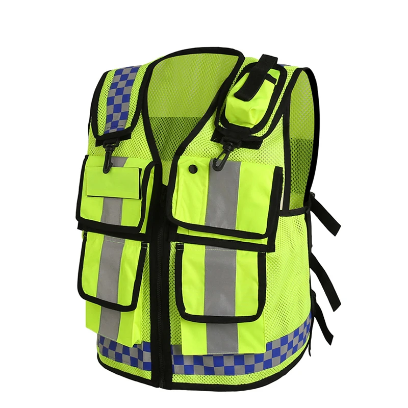 High quality Multi pockets Fluorescent yellow reflective safety vest road safety clothing safety jacket 