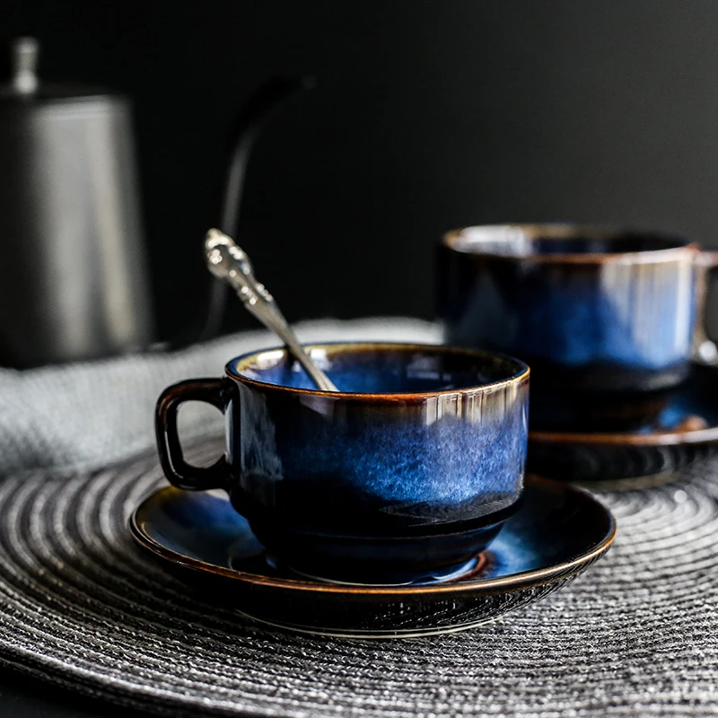 KINGLANG deep blue Ceramic Coffee Cup Saucer Set, breakfast cup, afternoon tea antique blue color Espresso coffee cup