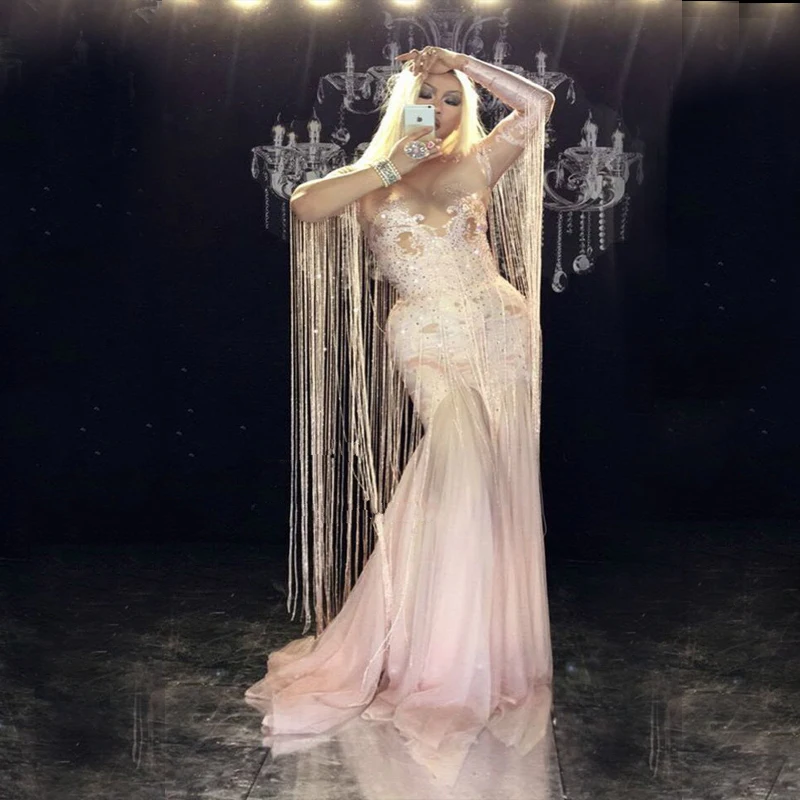 

2020 New Women Sexy Tassel Dresses Pink Fringe Dress Rhinestones Outfit Performance Stage Clothing Show Party Dance Wear Dress