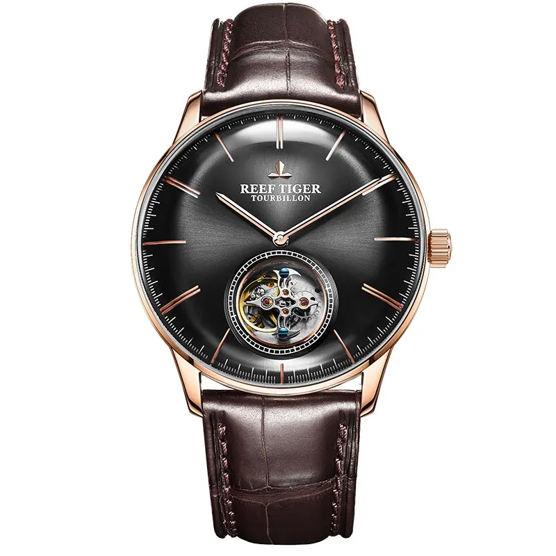 Reef Tiger/RT Brand Luxury Tourbillon Mechanical Watch Men Brown Leather Strap Rose Gold Watch Waterproof Montre Homme RGA1930