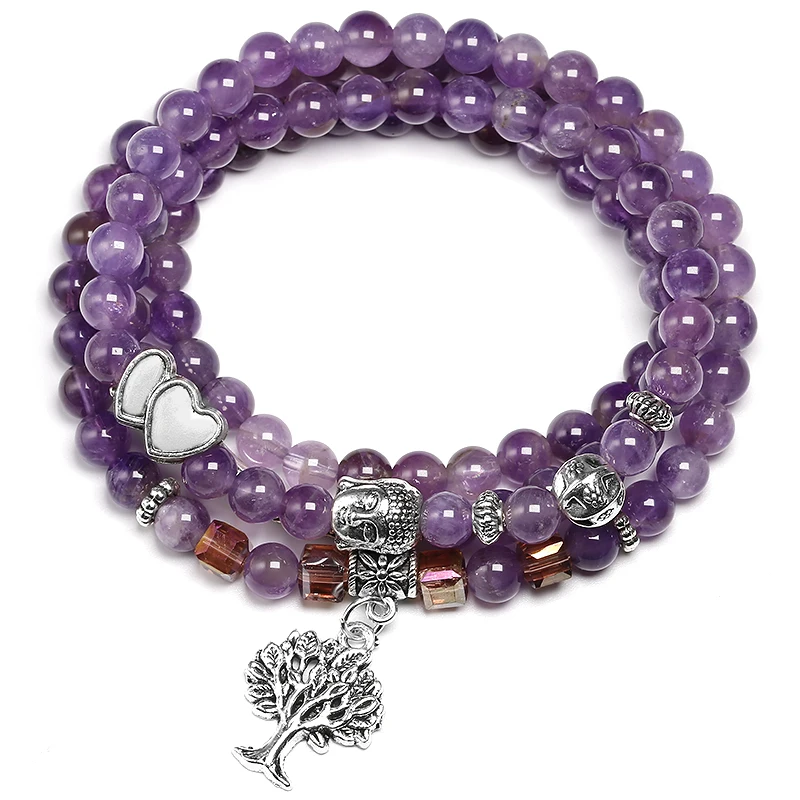 Natural Amethyst Purple Quartz Crystal 6mm Buddhist Buddha Meditation 108 Prayer Bead Mala Bracelet Women Necklace Jewelry