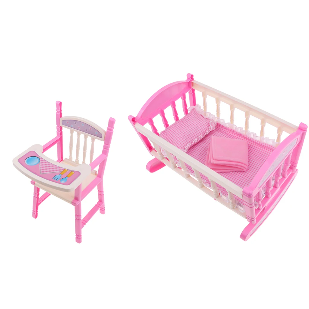 Cadeira alta Berço Cama para Criança, Playset Móveis ABS, Berço Reborn Bed Set, Cadeira de jantar Acessórios, Baby Doll