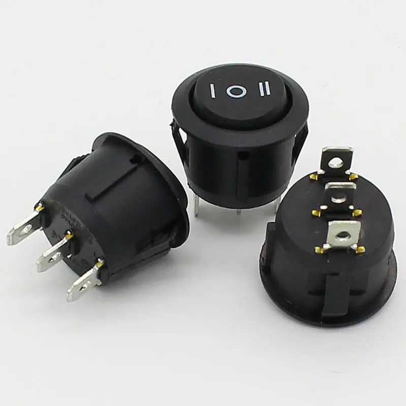 Joli à bascule rond noir, 3 broches, 10 pièces, 10A, 125V, 250V AC, 3 positions, SPDT ON-OFF-ON, Snap-in, 23mm